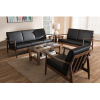 Baxton Studio Venza-Black/Walnut Brown-3PC-Set Venza Mid-Century Modern Walnut Wood Black Faux Leather 3-Piece Livingroom Set